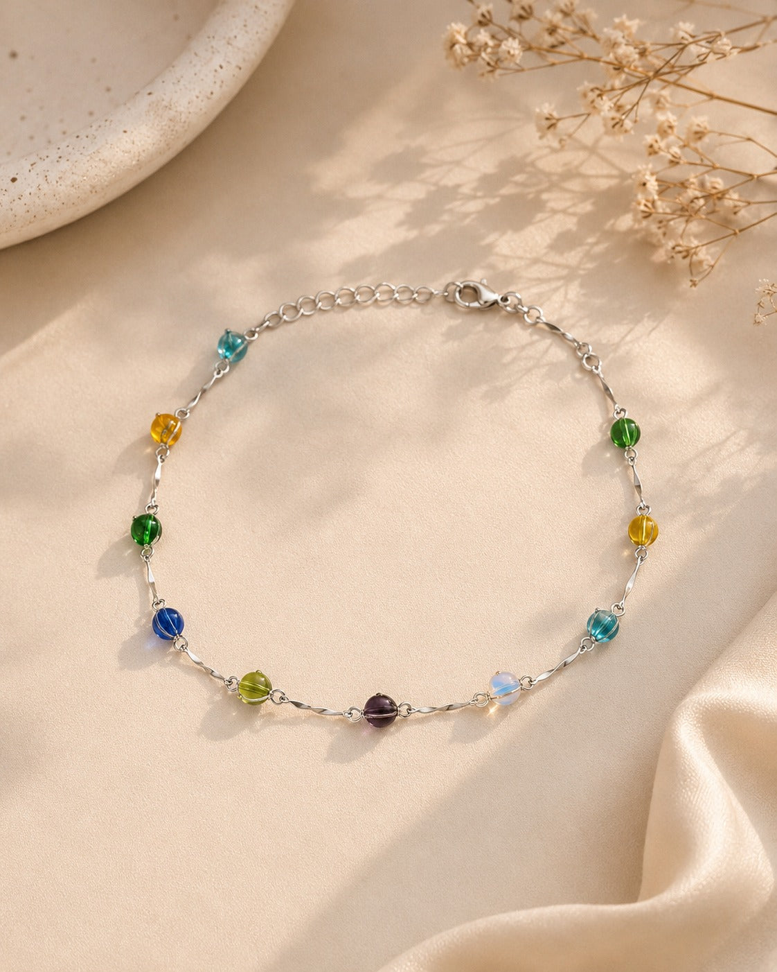 RAINBOW CRYSTAL BEAD SILVER CHAIN ANKLET