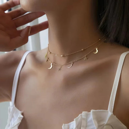 Gold Moon & Star Double Layer Necklace