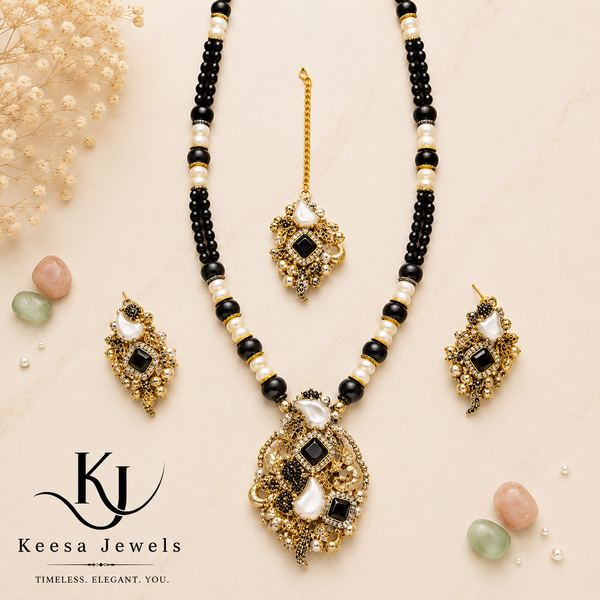 ANTIQUE GOLD BLACK BEAD & PEARL NECKLACE SET