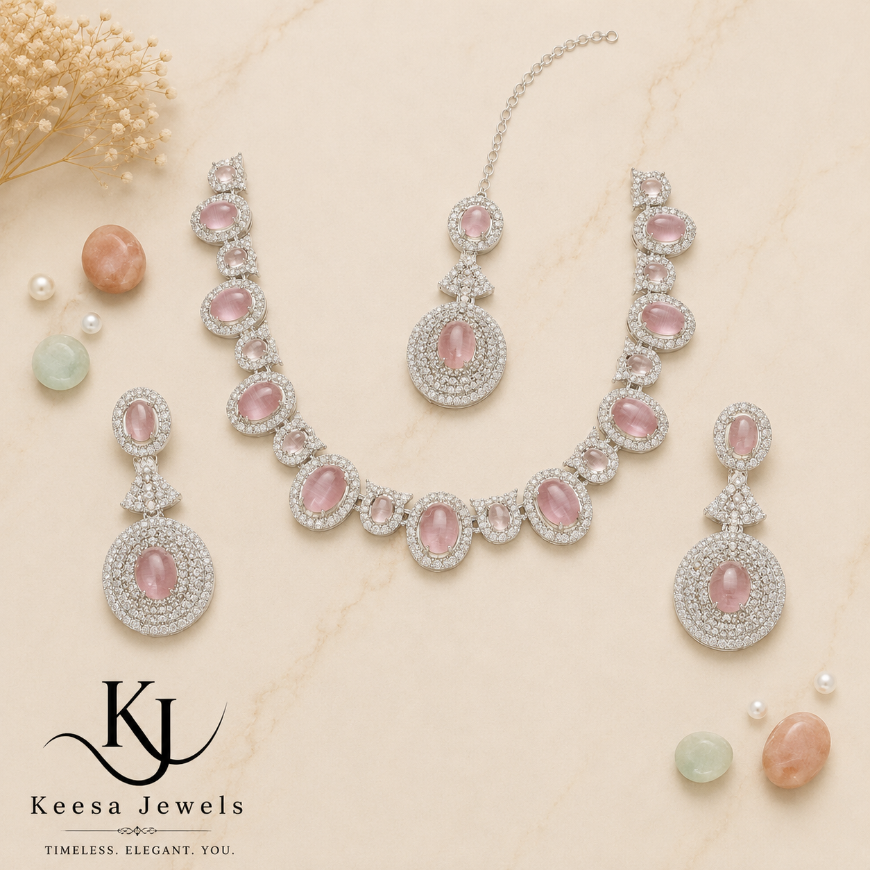 SILVER RHODIUM PINK  BRIDAL NECKLACE SET