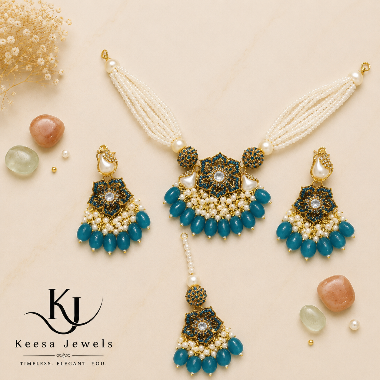 GOLD FEROZA FLORAL PEARL STRAND NECKLACE SET