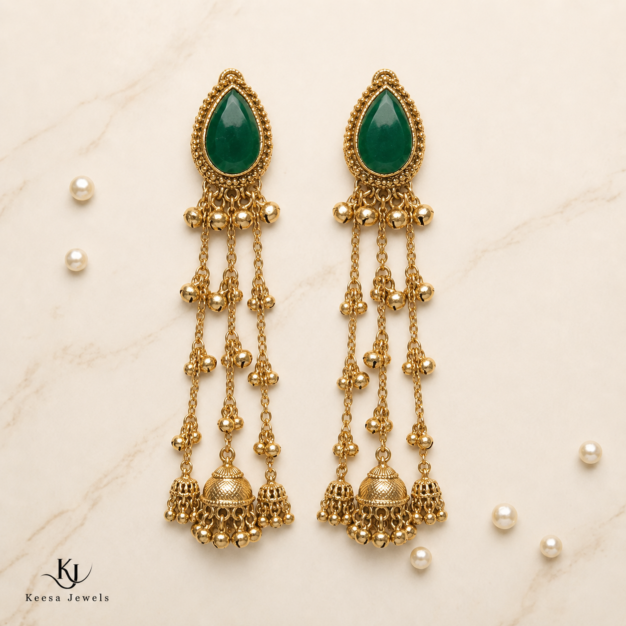 EMERALD GRACE LONG JHUMKA EARRINGS
