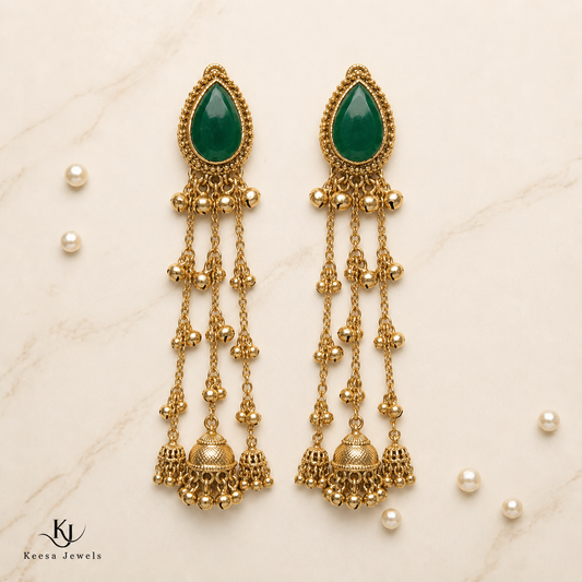 EMERALD GRACE LONG JHUMKA EARRINGS