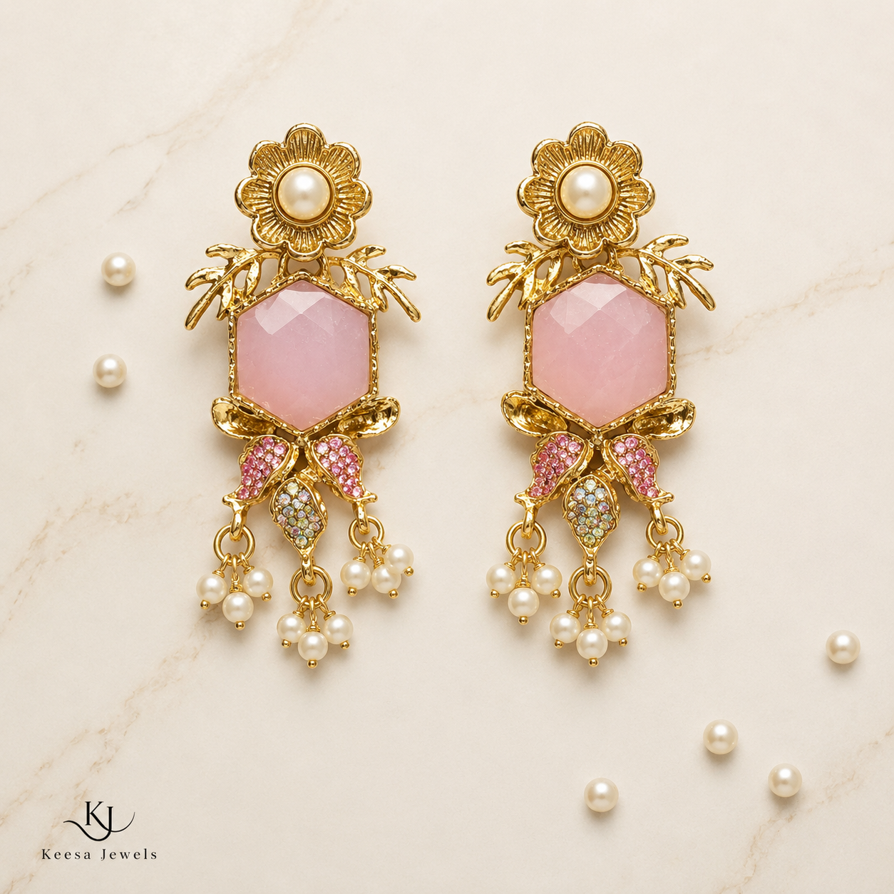 PINK ROSE PETAL FLORAL DROP EARRINGS