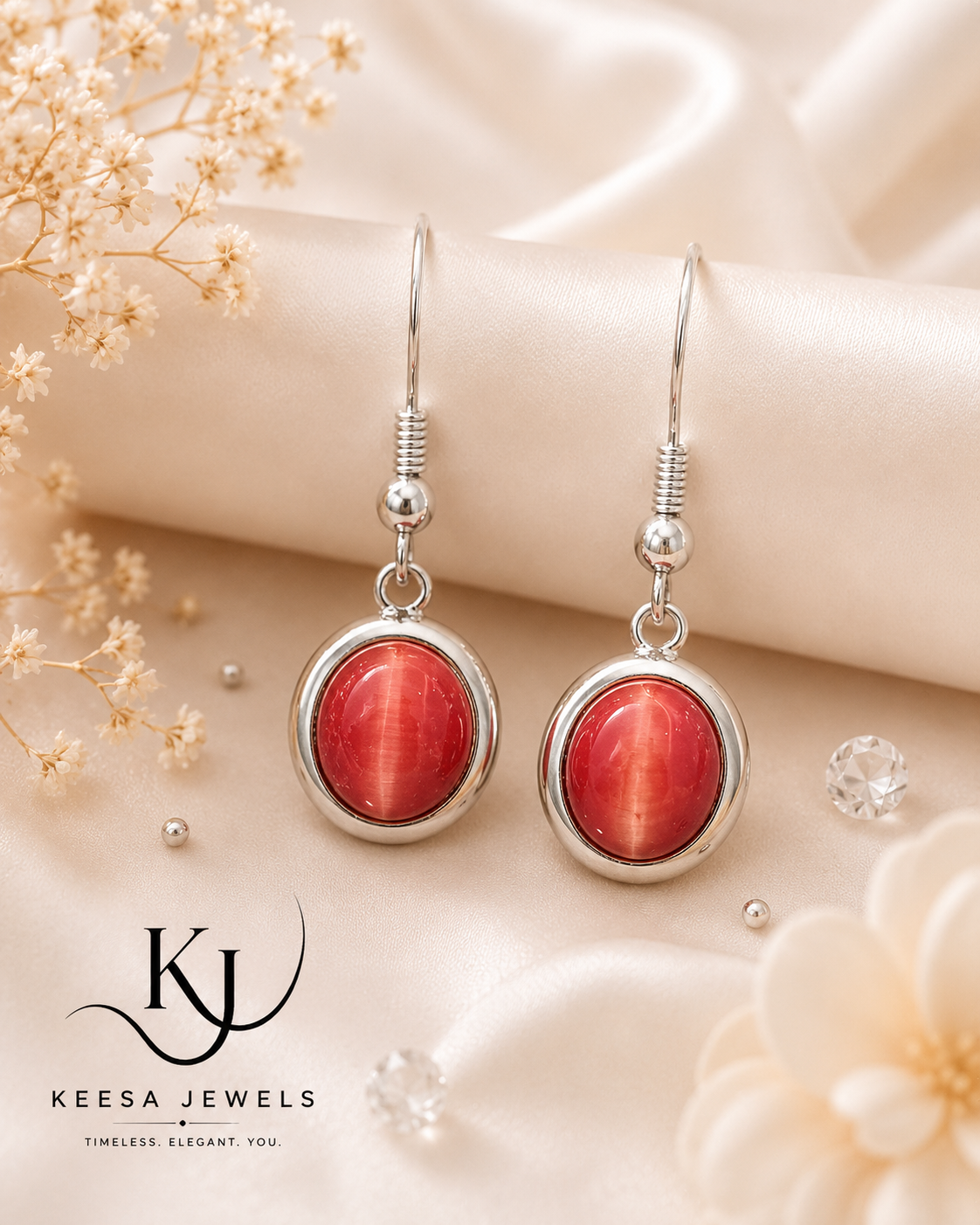 CRIMSON CAT EYE OVAL DROP EARRINGS