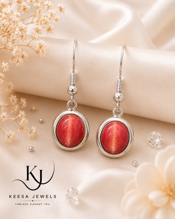 CRIMSON CAT EYE OVAL DROP EARRINGS