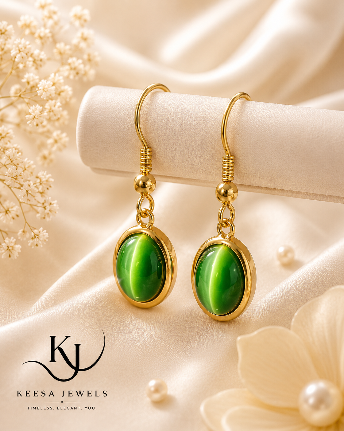 EMERALD CAT'S EYE OVAL DROP EARRINGS