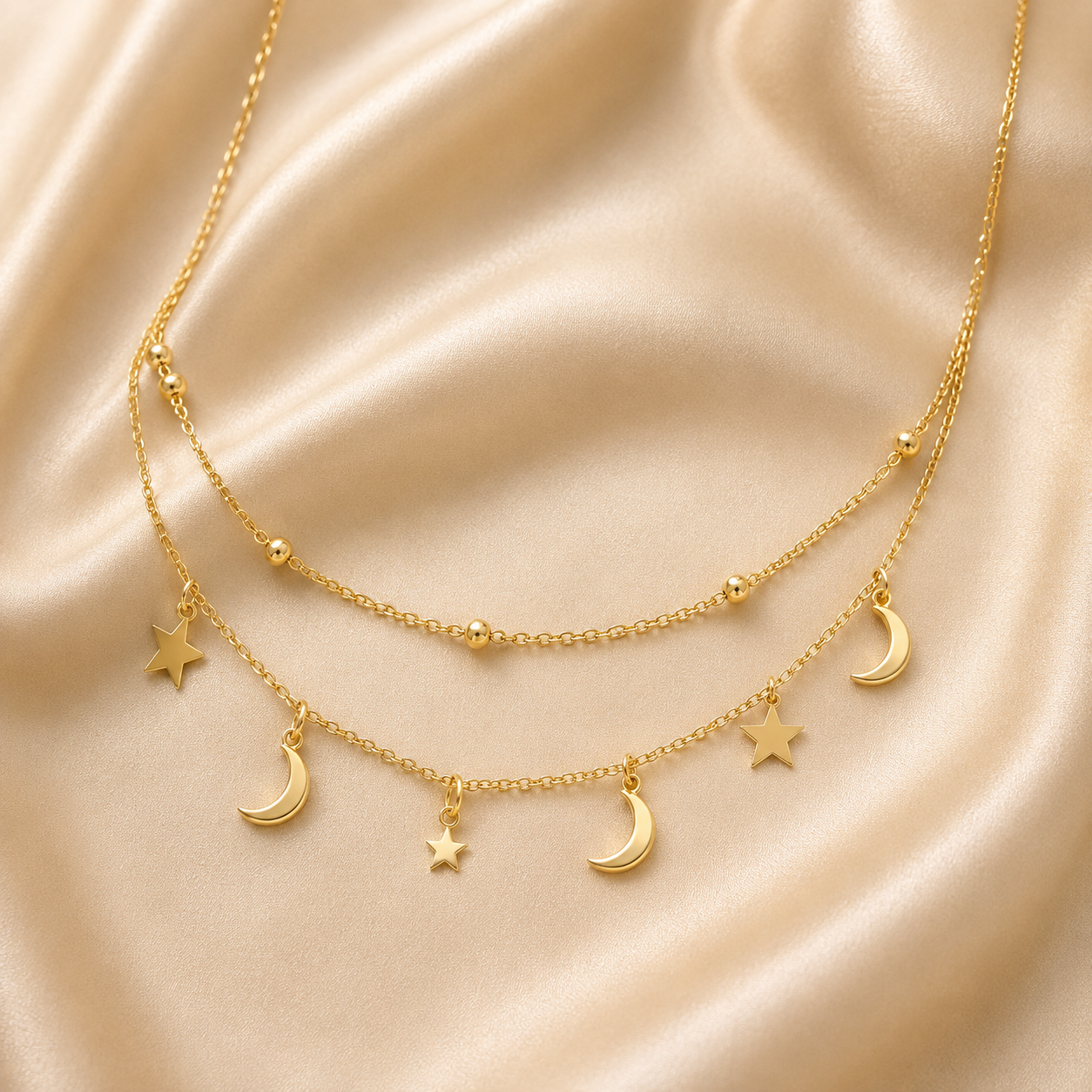 Gold Moon & Star Double Layer Necklace