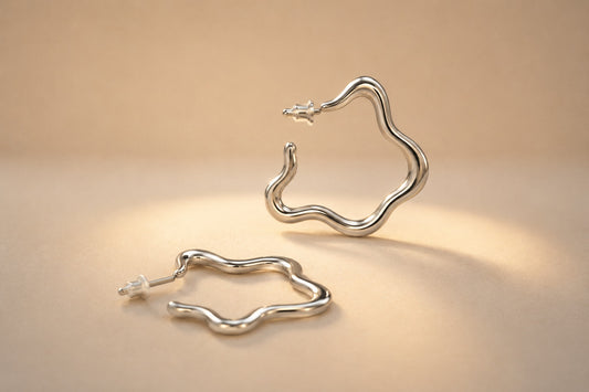 SILVER WAVY FLOWER HOOP EARRINGS