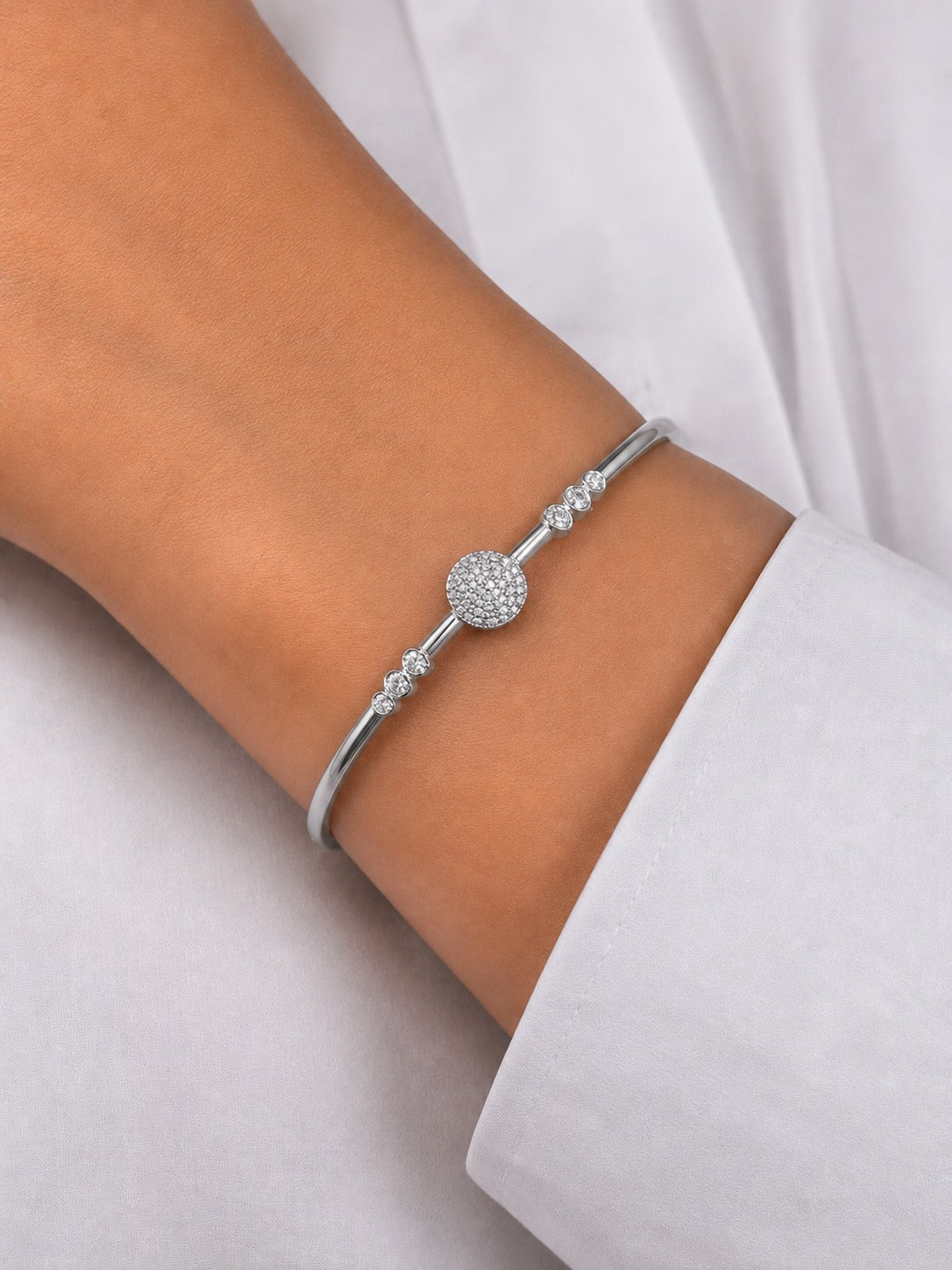 SILVER MOON DISC PAVÉ OPEN CUFF BRACELET