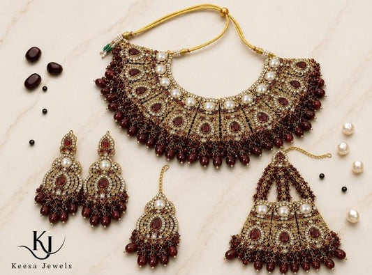 MAROON RUBY KUNDAN POLKI PEARL BRIDAL JEWELLERY SET