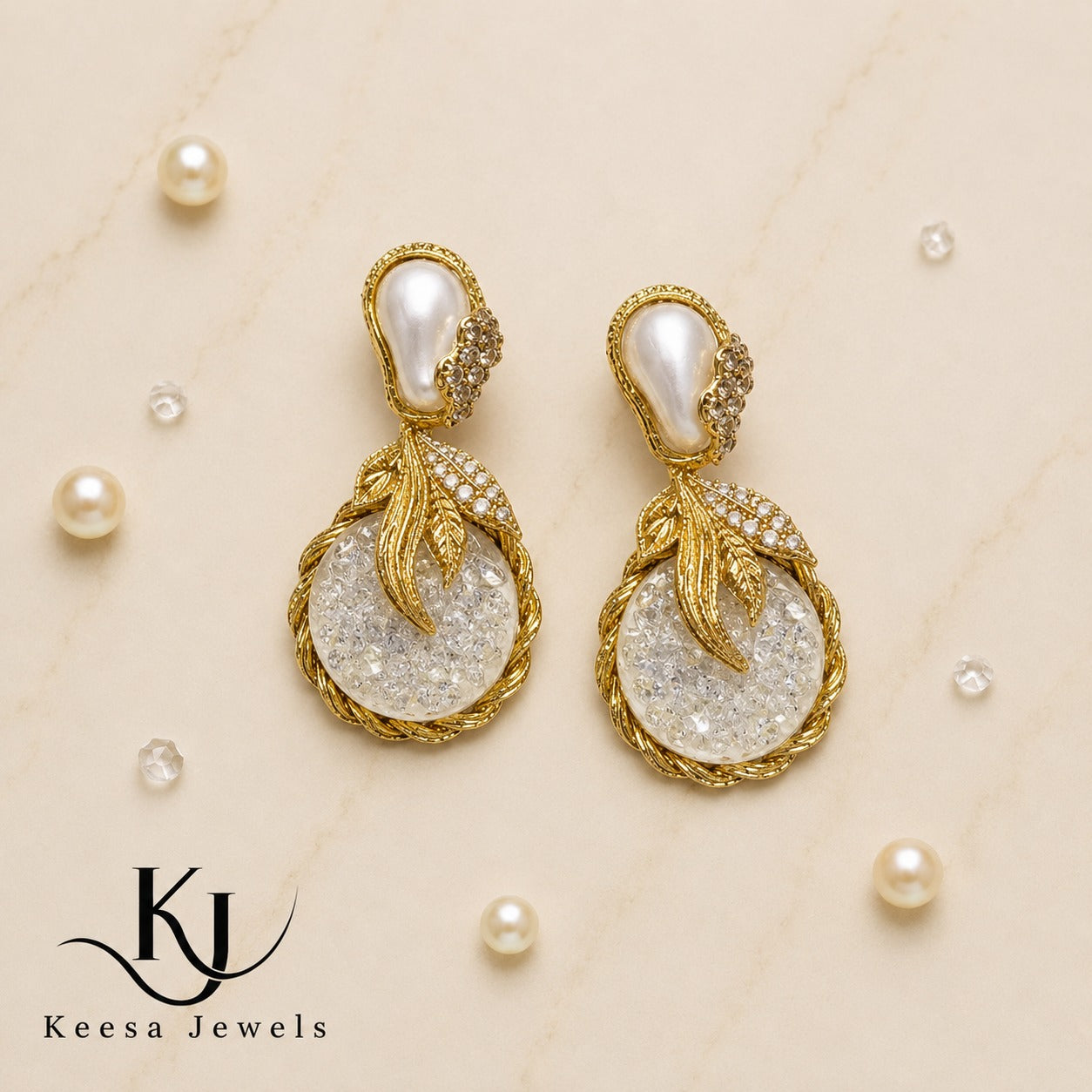 GOLD BAROQUE PEARL & CRYSTAL DROP EARRINGS